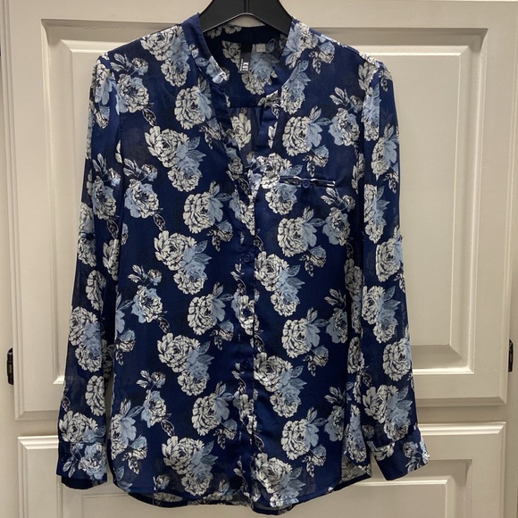Kut from the Kloth Tops - Navy blue floral print semi-sheer blouse by KUT in size S. Gently cared for.